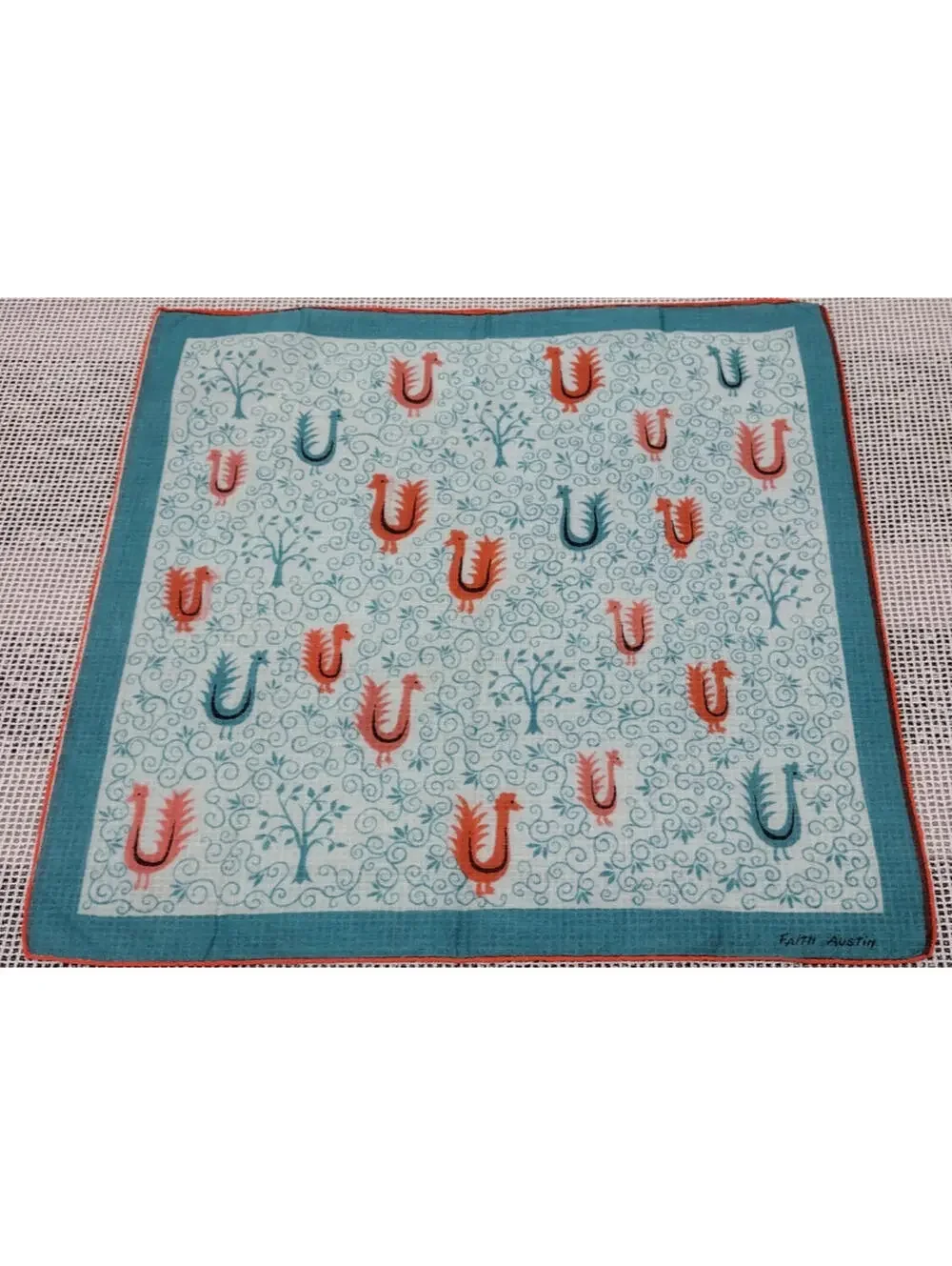1950s Hankie FAITH AUSTIN Mid Century Colors Birds Peacock Rooster Rare Birds